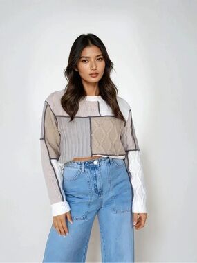 Patchwork Cable Knit Sweater in Neutral Tones